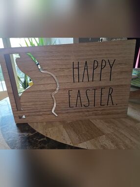 Rae Dunn Woodgrain "Happy Easter" Sign with Silver Bunny Accent